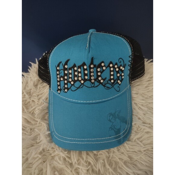 Hooters Trucker Baseball Hat Cap Snap Back One Size Blue Teal Rhinestone - Picture 1 of 8